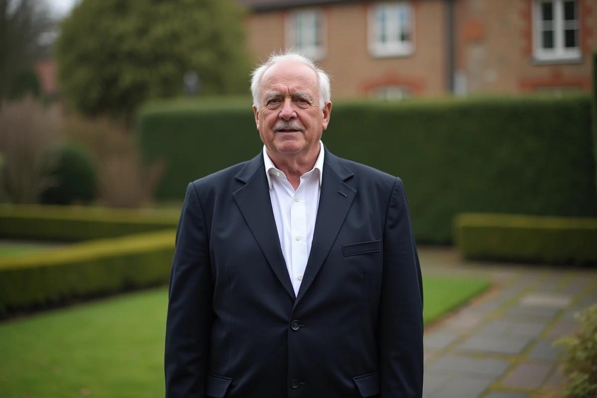 Portrait éditorial d'un acteur britannique distingué en blazer marine dans un jardin anglais traditionnel