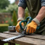 Homme affûtant la lame d'un taille-haie avec une lime plate sur un établi en bois dans un jardin