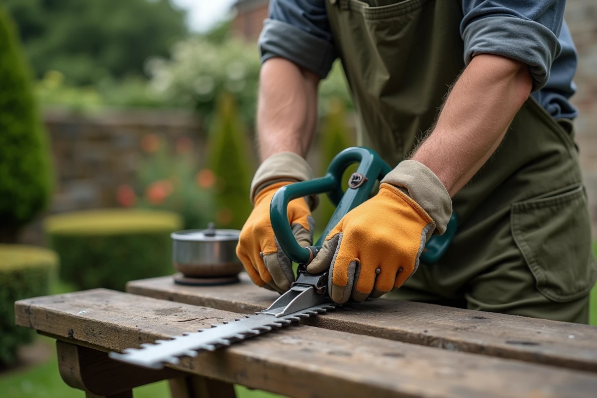 Homme affûtant la lame d'un taille-haie avec une lime plate sur un établi en bois dans un jardin