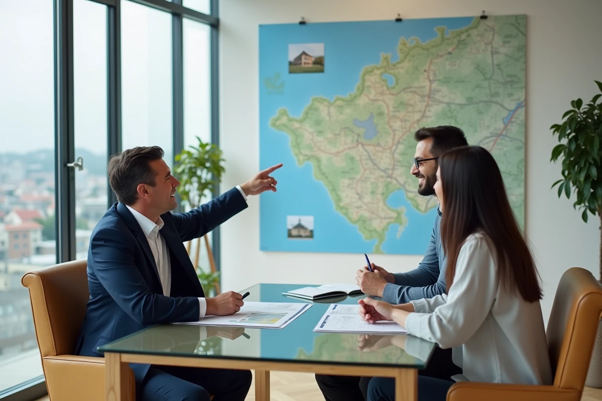 Agent immobilier présentant une carte régionale à des clients dans une agence immobilière moderne