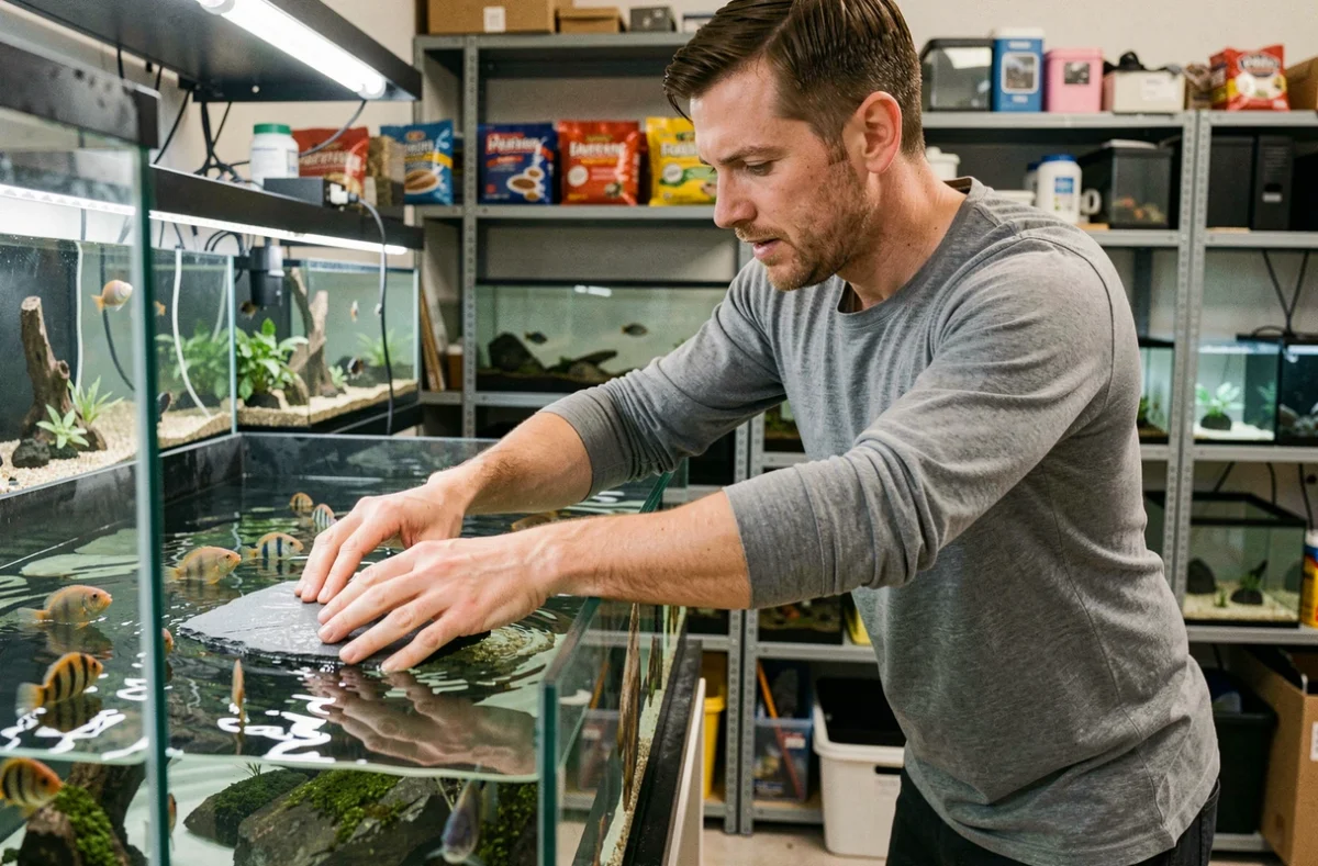 Aquariophile aménageant un aquarium à cichlidés en plaçant des roches ardoise dans une salle dédiée aux poissons