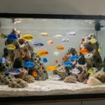 Aquarium de cichlidés africains aménagé avec des roches et un substrat corallien, peuplé de poissons colorés bleus, jaunes et oranges