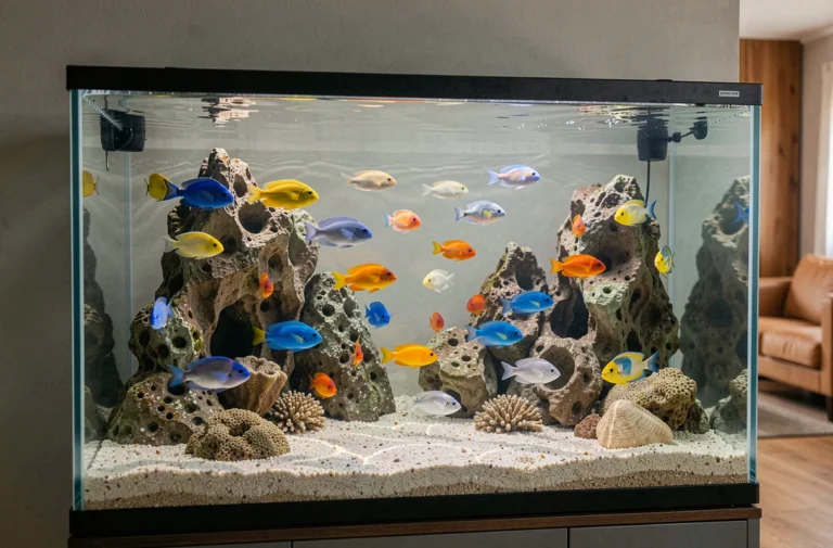 Aquarium de cichlidés africains aménagé avec des roches et un substrat corallien, peuplé de poissons colorés bleus, jaunes et oranges