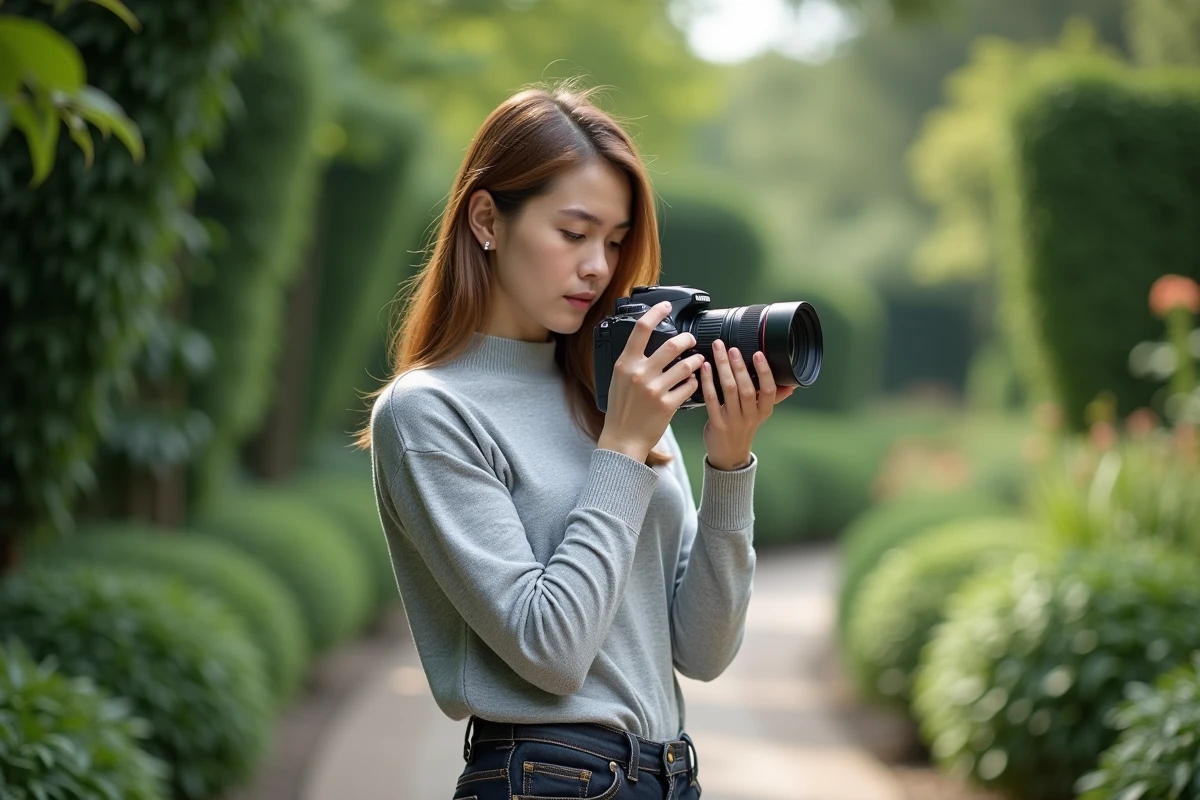 Photographe utilisant l'autofocus AF en appuyant à mi-course sur le déclencheur dans un jardin botanique