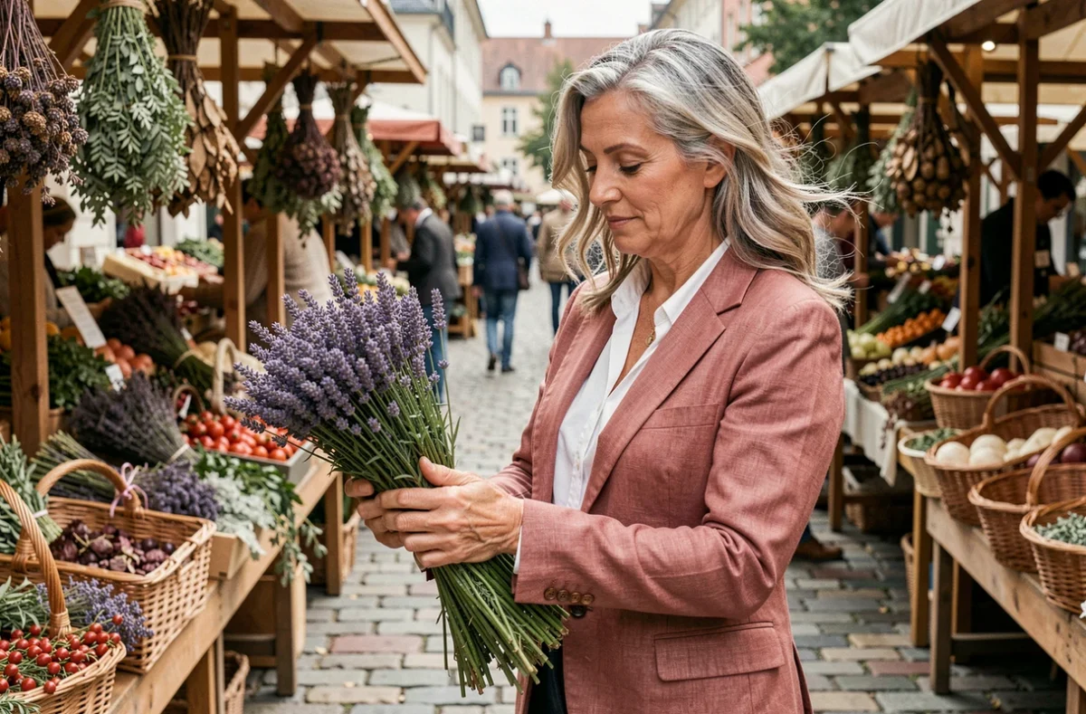 Femme élégante dans la quarantaine choisissant des plantes et fleurs sauvages sur un marché en plein air pour ses soins naturels