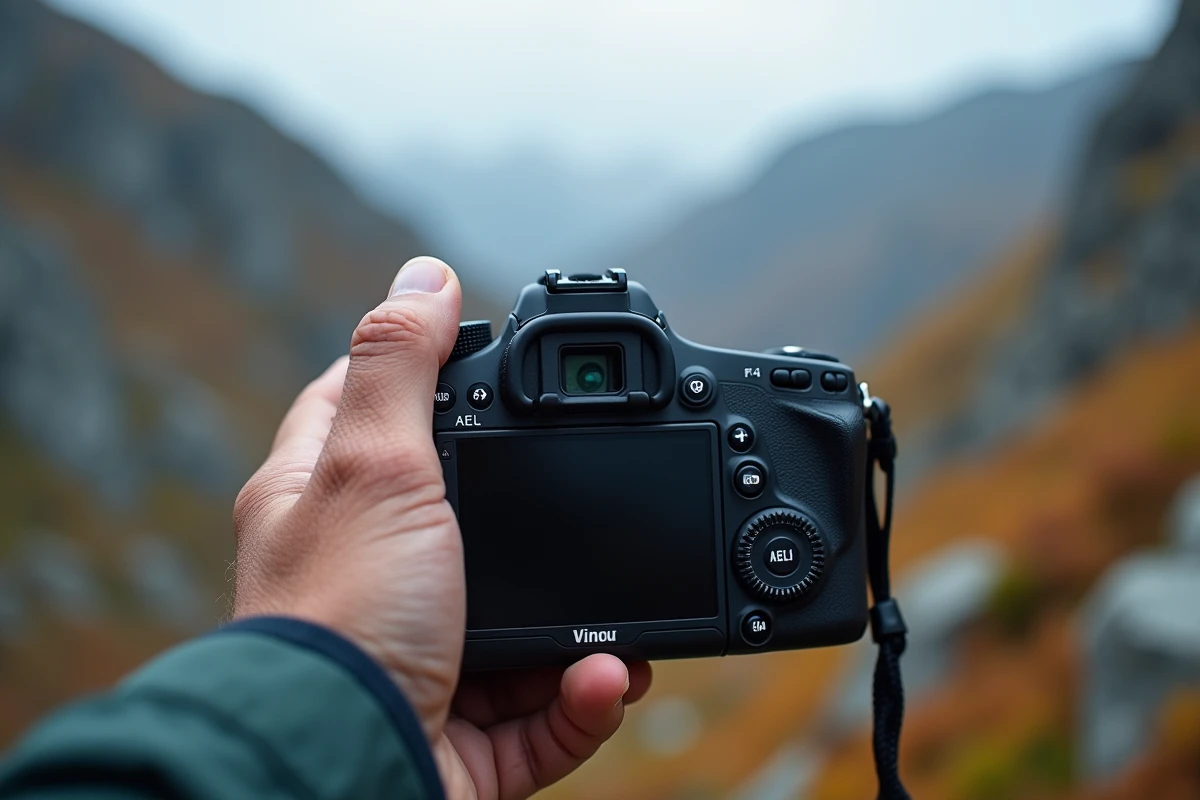 Gros plan sur le bouton AEL d'un appareil photo reflex tenu par des mains en extérieur montagneux