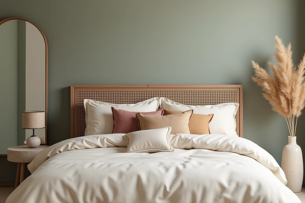 Chambre cosy tendance avec literie en bouclé ivoire, tête de lit en cannage naturel et table de chevet en travertin