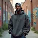 Homme en tenue streetwear vintage des années 90 devant un mur de graffitis à Atlanta, évoquant l'univers hip-hop de Kris Kross