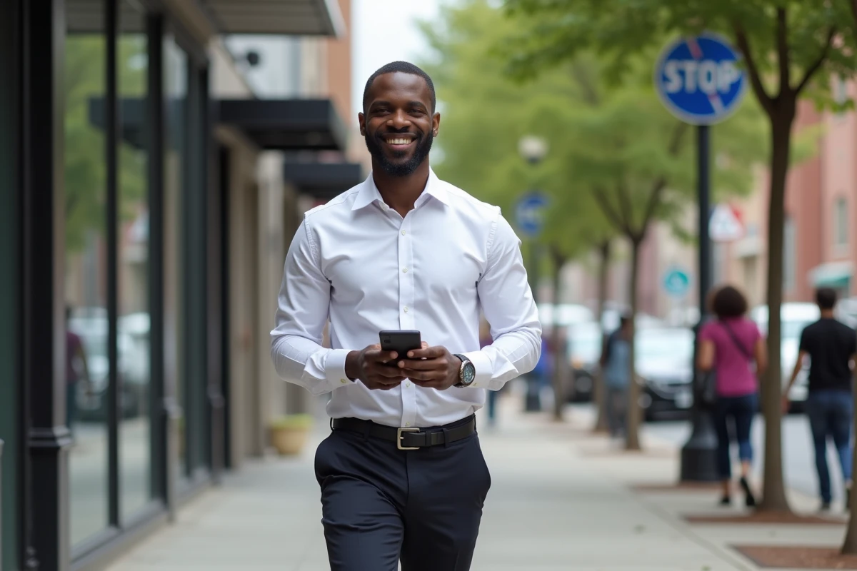 Homme souriant marchant dans une rue animée du centre-ville d'Atlanta en tenue décontractée chic, portrait documentaire d'un artiste hip-hop américain