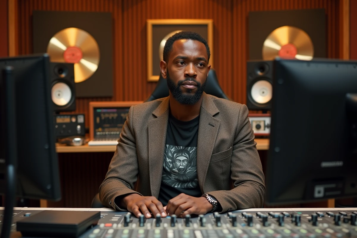 Artiste hip-hop en studio d'enregistrement professionnel assis devant une console de mixage entouré de disques d'or, ambiance industrie musicale des années 90