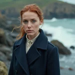 Clara Pésery, femme bretonne engagée, debout sur la côte rocheuse de Bretagne avec un manteau bleu marine, regard déterminé face à l'océan Atlantique