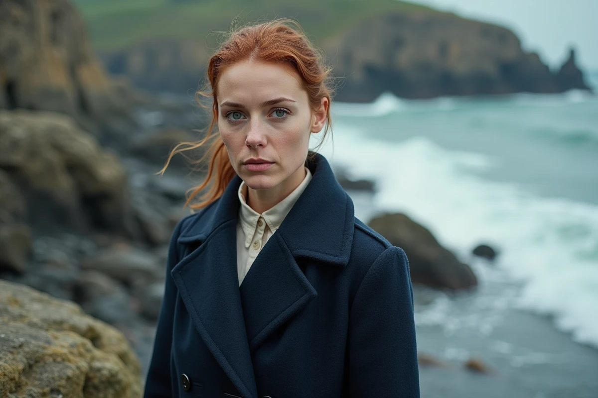 Clara Pésery, femme bretonne engagée, debout sur la côte rocheuse de Bretagne avec un manteau bleu marine, regard déterminé face à l'océan Atlantique