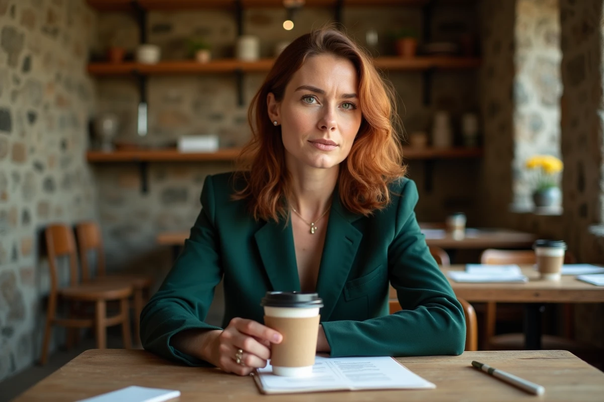 Clara Pésery en réunion dans un café breton traditionnel, engagée dans une discussion militante autour d'une table en bois avec des documents
