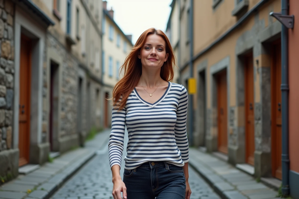 Clara Pésery marchant dans une rue pavée d'une ville historique bretonne, portant une marinière rayée, incarnant son ancrage local et son parcours inspirant