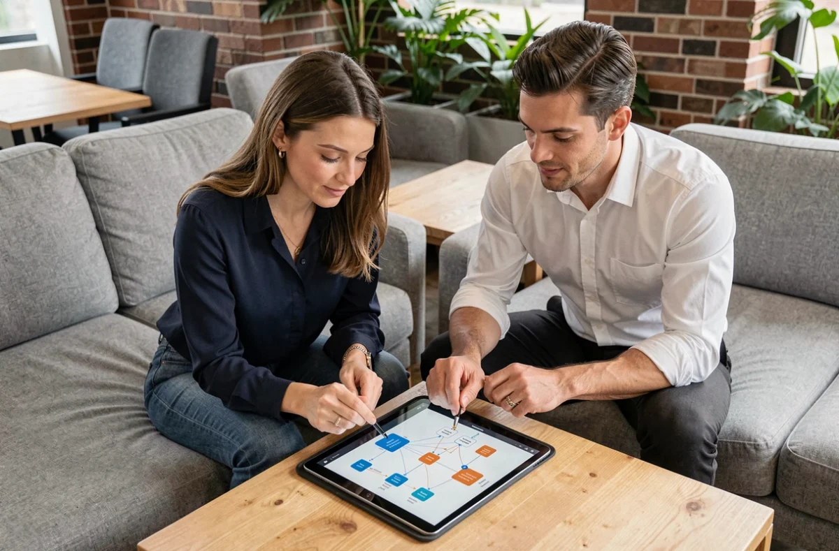 Deux collaborateurs consultant un diagramme de sitemap sur une tablette dans un espace de coworking