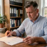 Homme consultant deux documents officiels montrant des adresses cadastrale et postale différentes dans un bureau à domicile