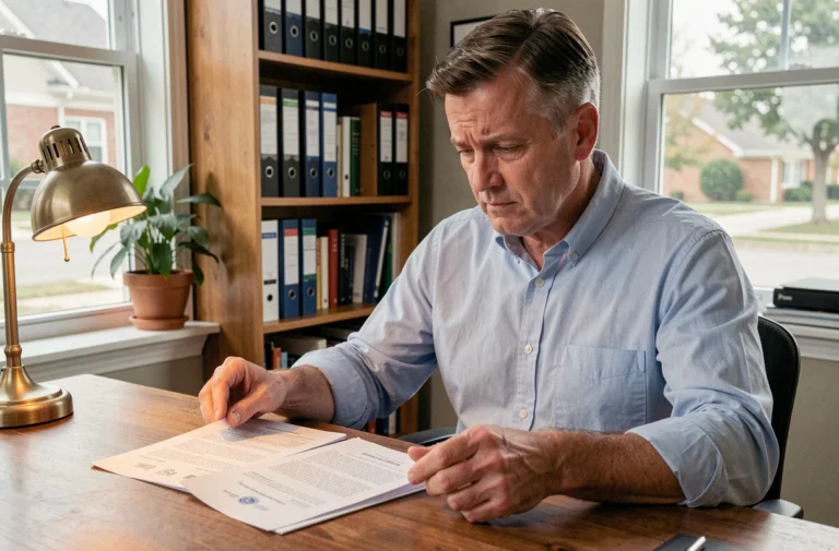 Homme consultant deux documents officiels montrant des adresses cadastrale et postale différentes dans un bureau à domicile