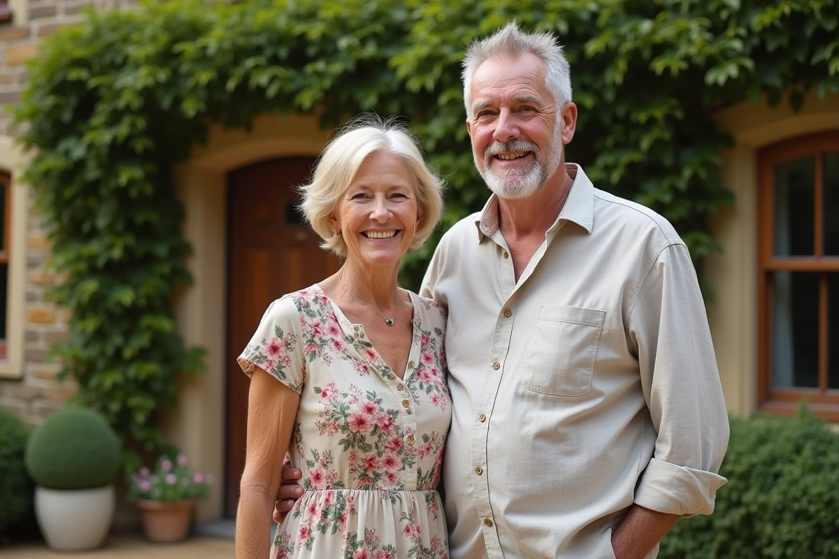 Couple britannique mature souriant devant un cottage en pierre des Cotswolds avec lierre grimpant