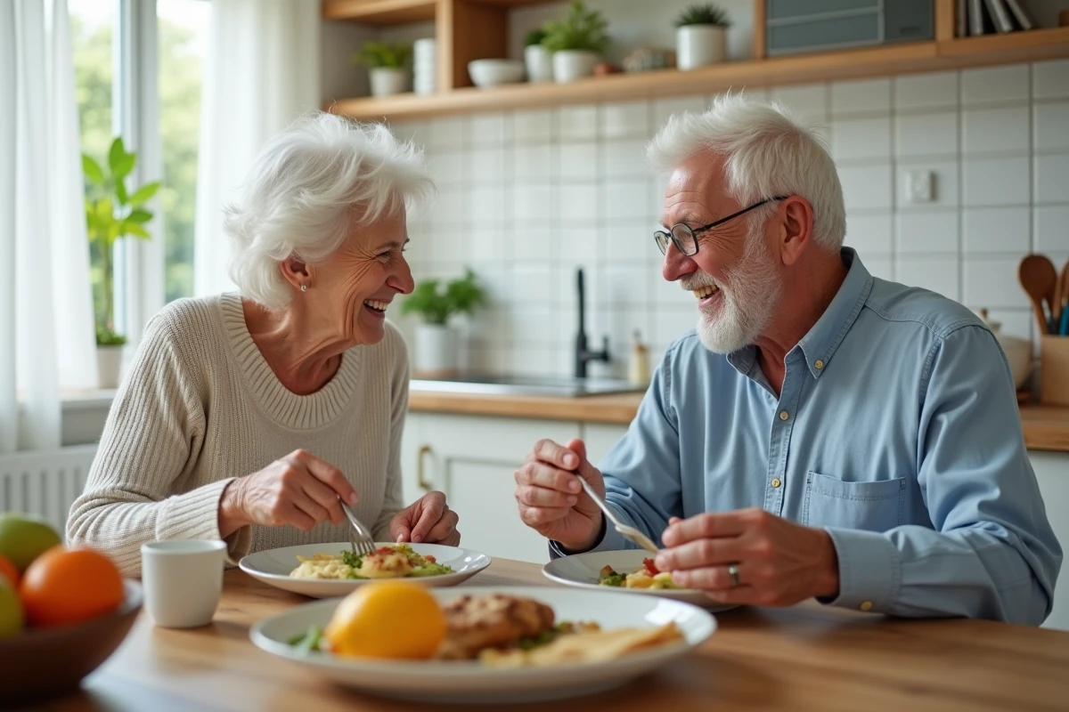 Un couple de seniors partageant un repas et riant ensemble dans une cuisine chaleureuse et lumineuse