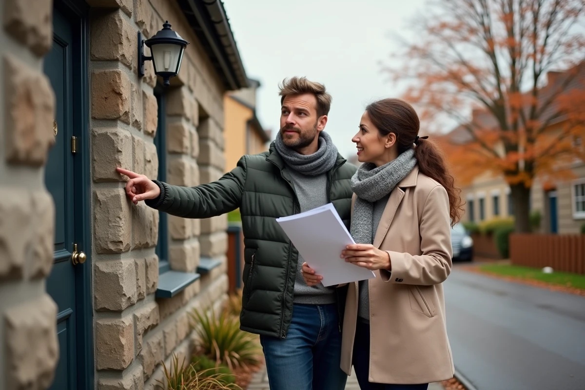 Couple visitant une maison en pierre avec jardin dans un quartier résidentiel en automne