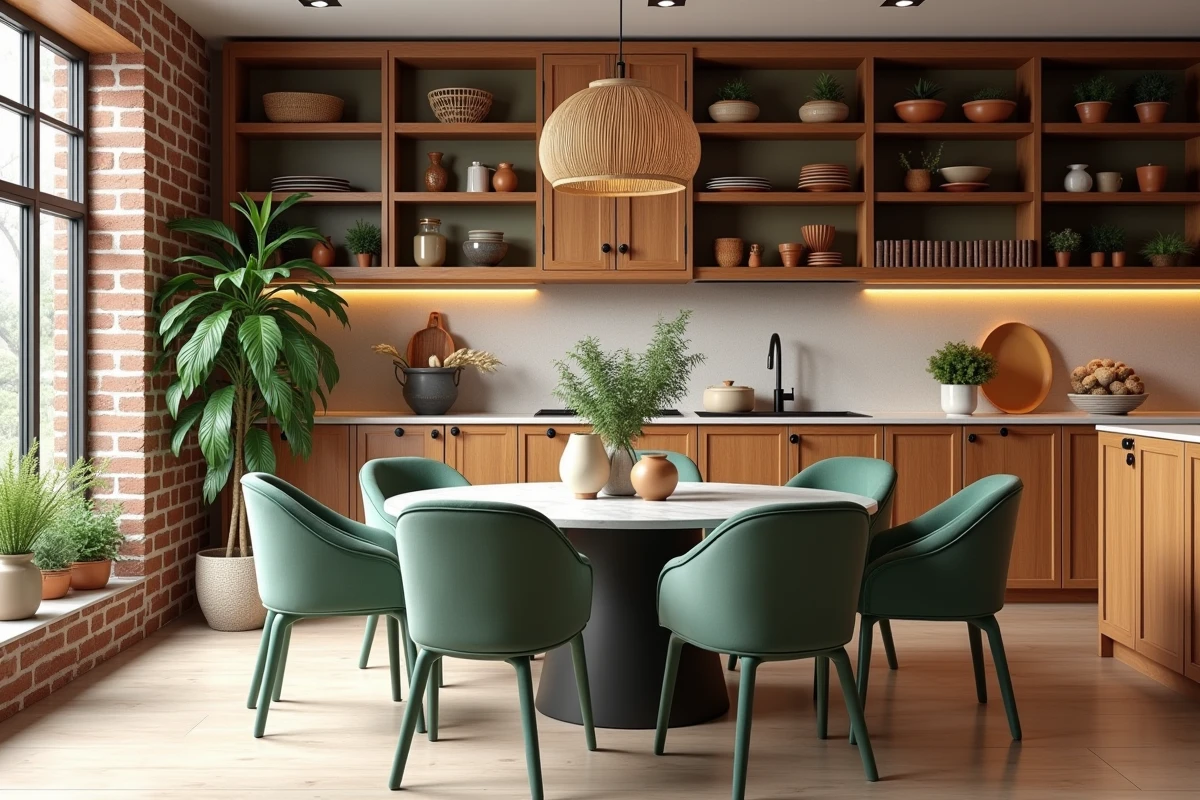 Cuisine contemporaine tendance avec table ronde en marbre, chaises velours vert sauge et étagères en bois sur mur en briques apparentes