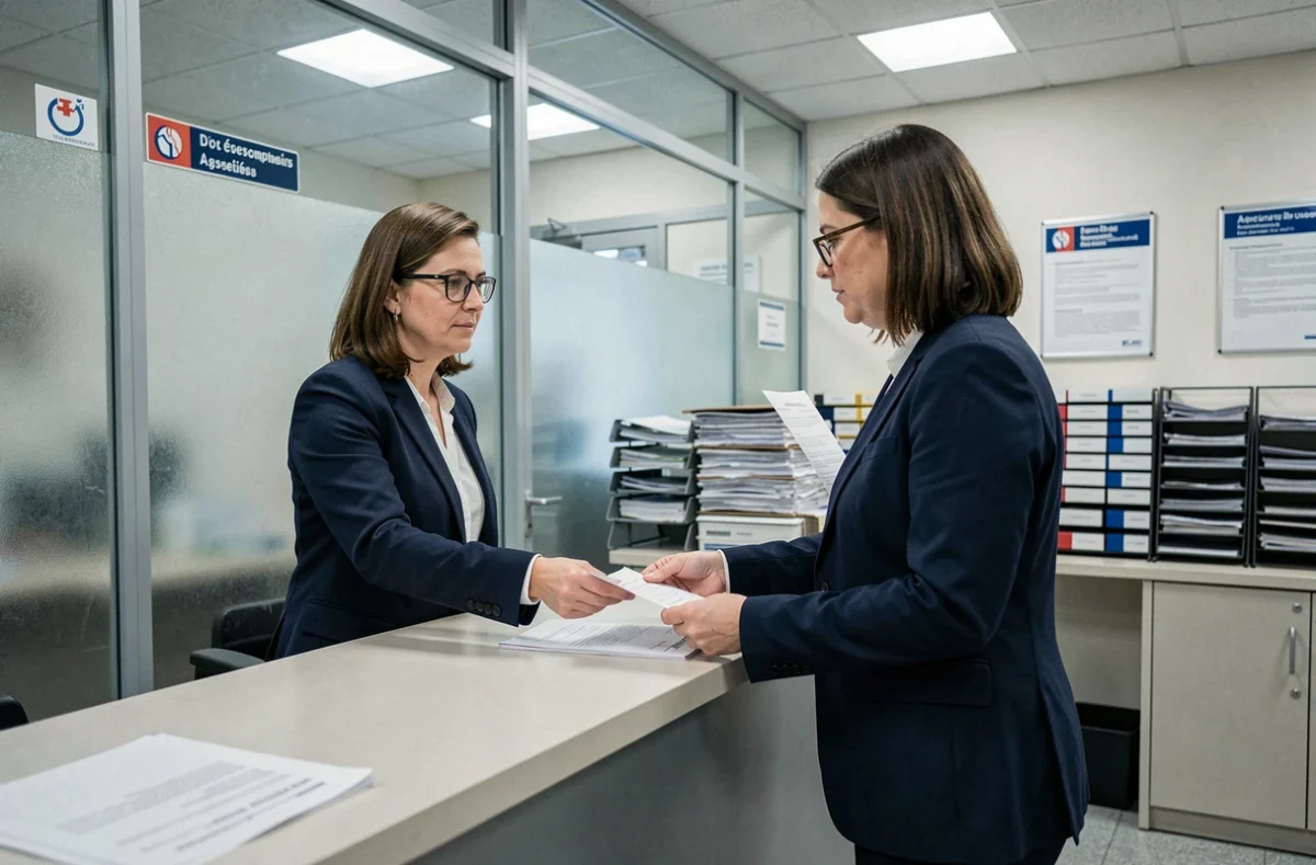Femme déposant un dossier au guichet d'une mairie pour rectifier une discordance entre adresse cadastrale et adresse postale