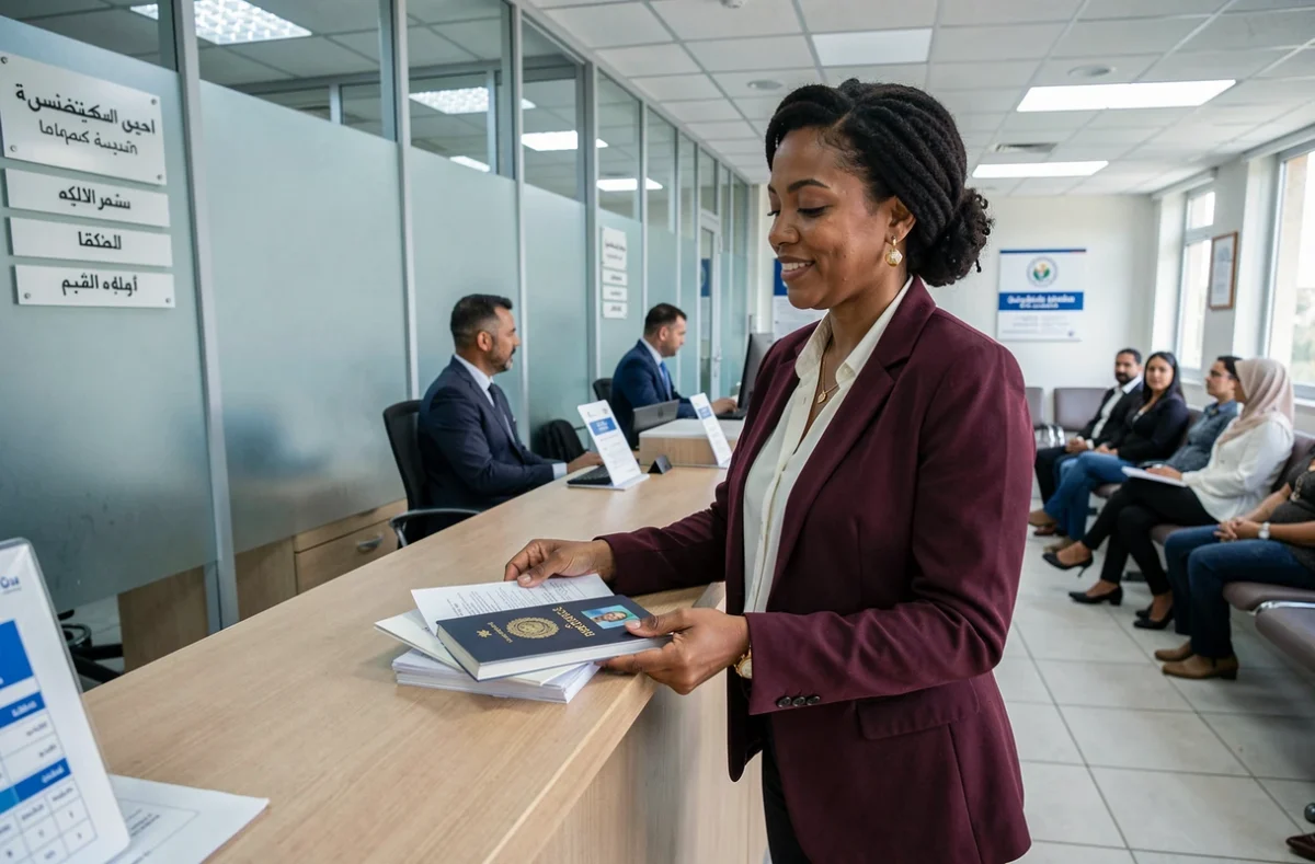 Femme déposant ses documents pour le renouvellement de son passeport tunisien dans une administration consulaire