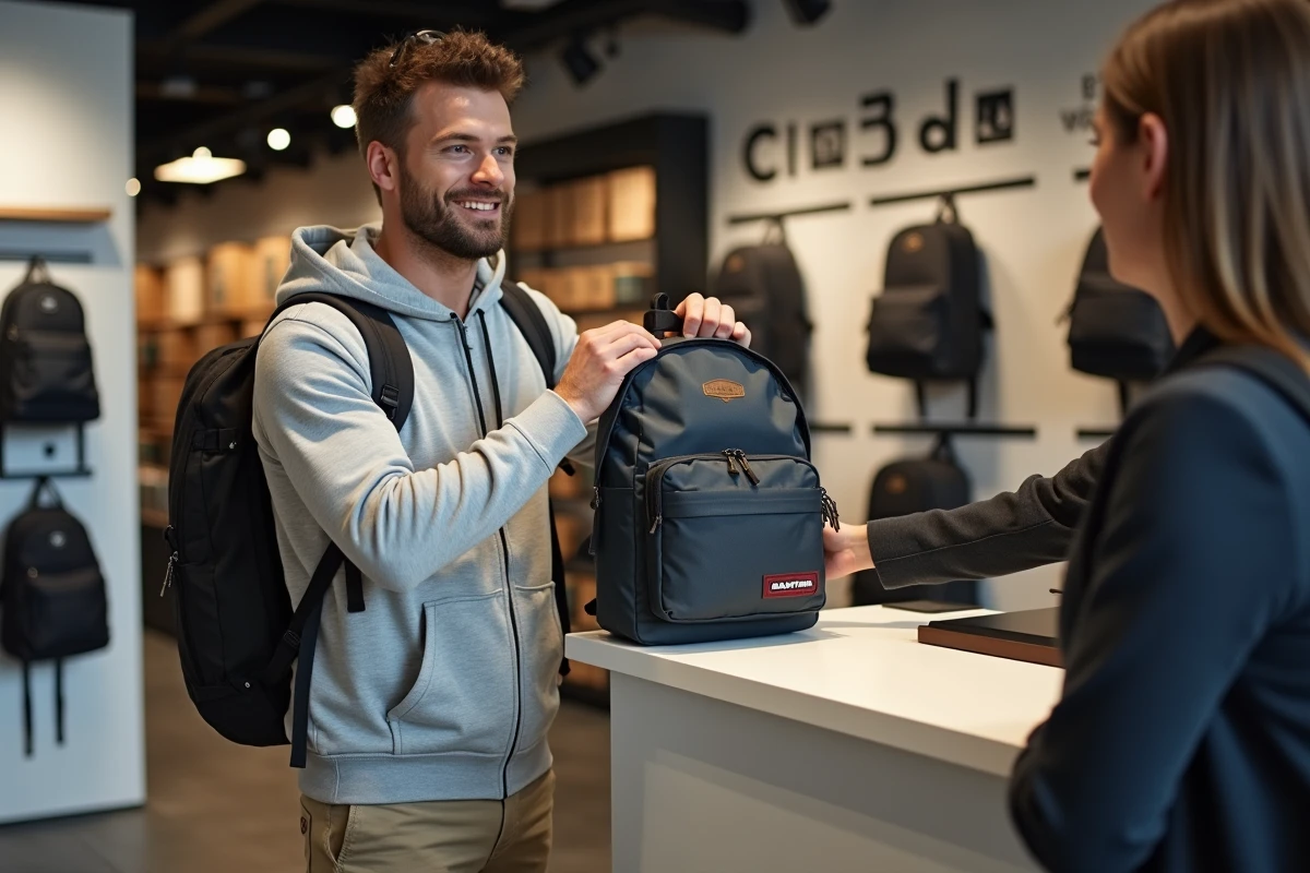 Client déposant un sac Eastpak usé au comptoir d'un magasin pour faire valoir la garantie à vie