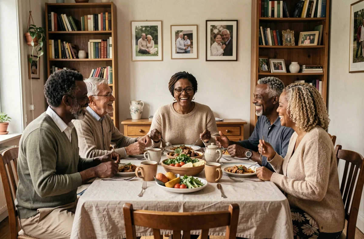 Famille franco-africaine réunie autour d'un repas dans un appartement français chaleureux