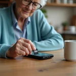 Femme agee insere une carte SD dans un telephone Doro
