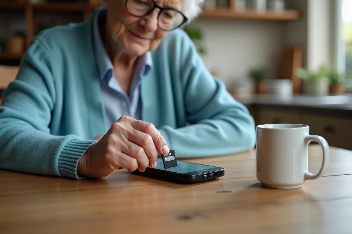 Femme agee insere une carte SD dans un telephone Doro
