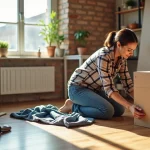 Femme en jeans assemble un meuble DIY dans un salon lumineux