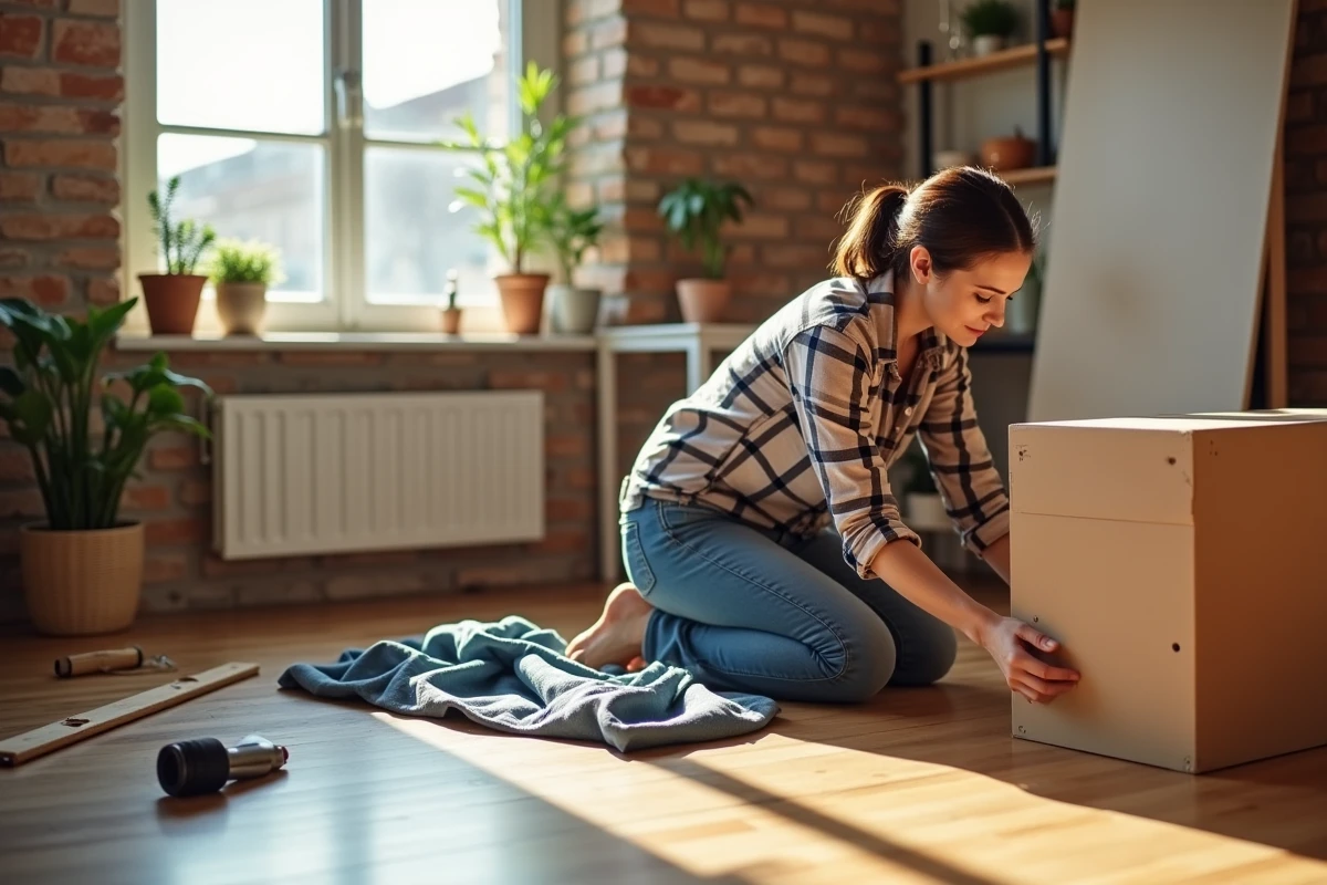 Femme en jeans assemble un meuble DIY dans un salon lumineux