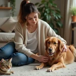 Femme caressant un chien golden retriever avec un chat relaxe