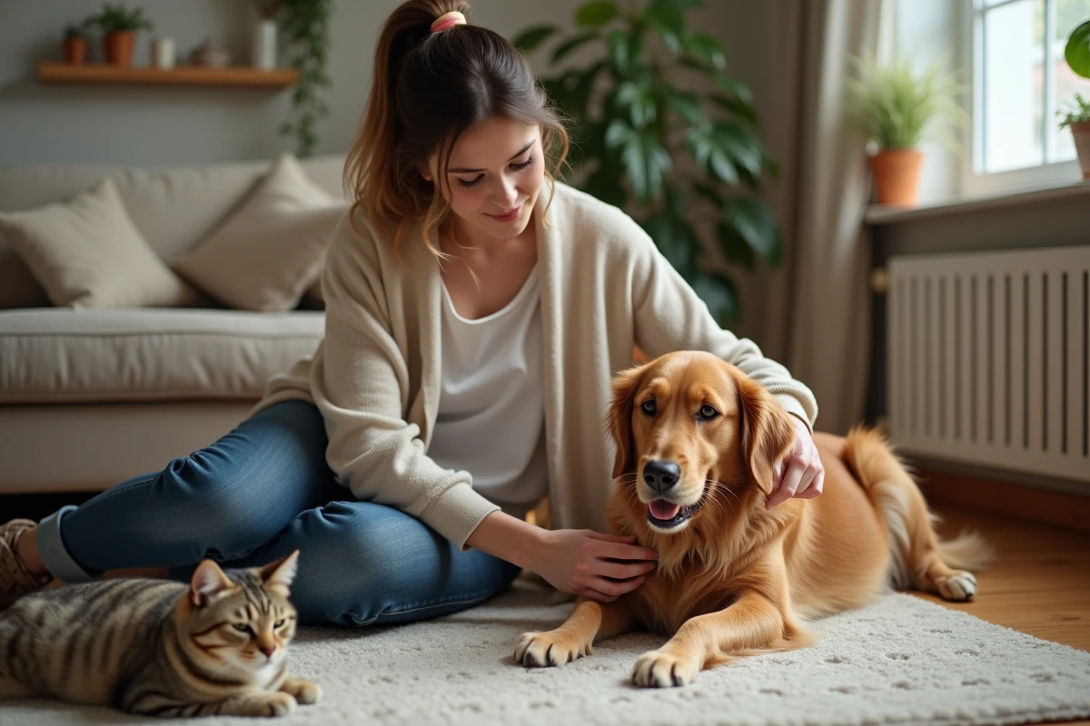 Femme caressant un chien golden retriever avec un chat relaxe