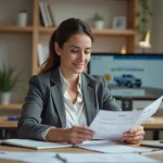 Femme d affaires reliee en bureau avec papiers et brochure