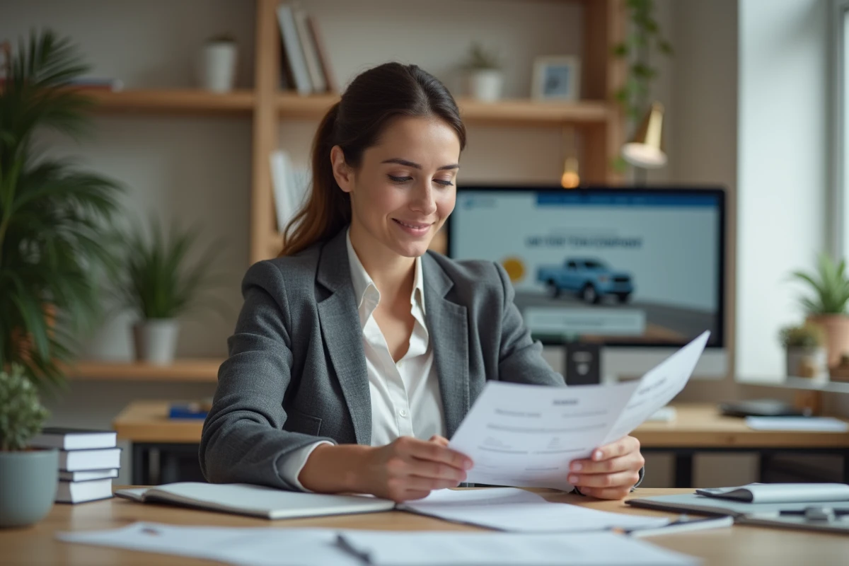 Femme d affaires reliee en bureau avec papiers et brochure