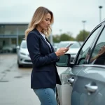 Femme examinant attentivement une voiture d'occasion dans un concessionnaire automobile en plein air