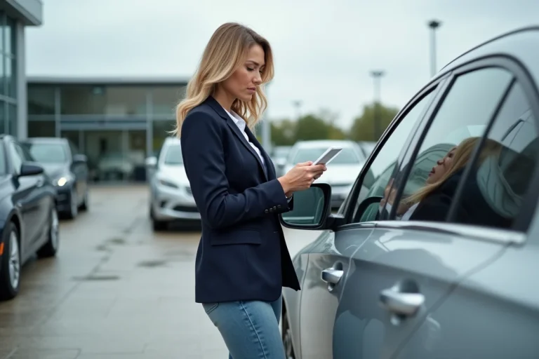 Femme examinant attentivement une voiture d'occasion dans un concessionnaire automobile en plein air