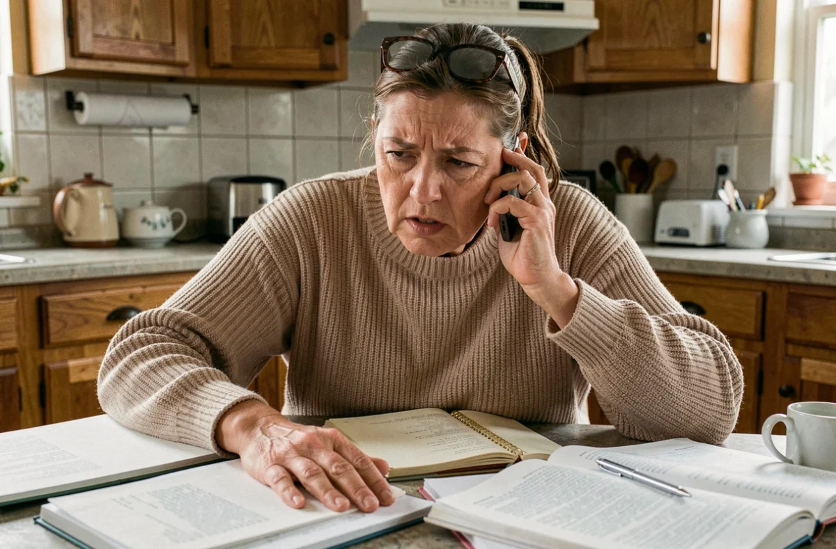 Femme d'une cinquantaine d'années assise à une table de cuisine entourée de papiers, exprimant une colère déterminée face aux injustices du quotidien
