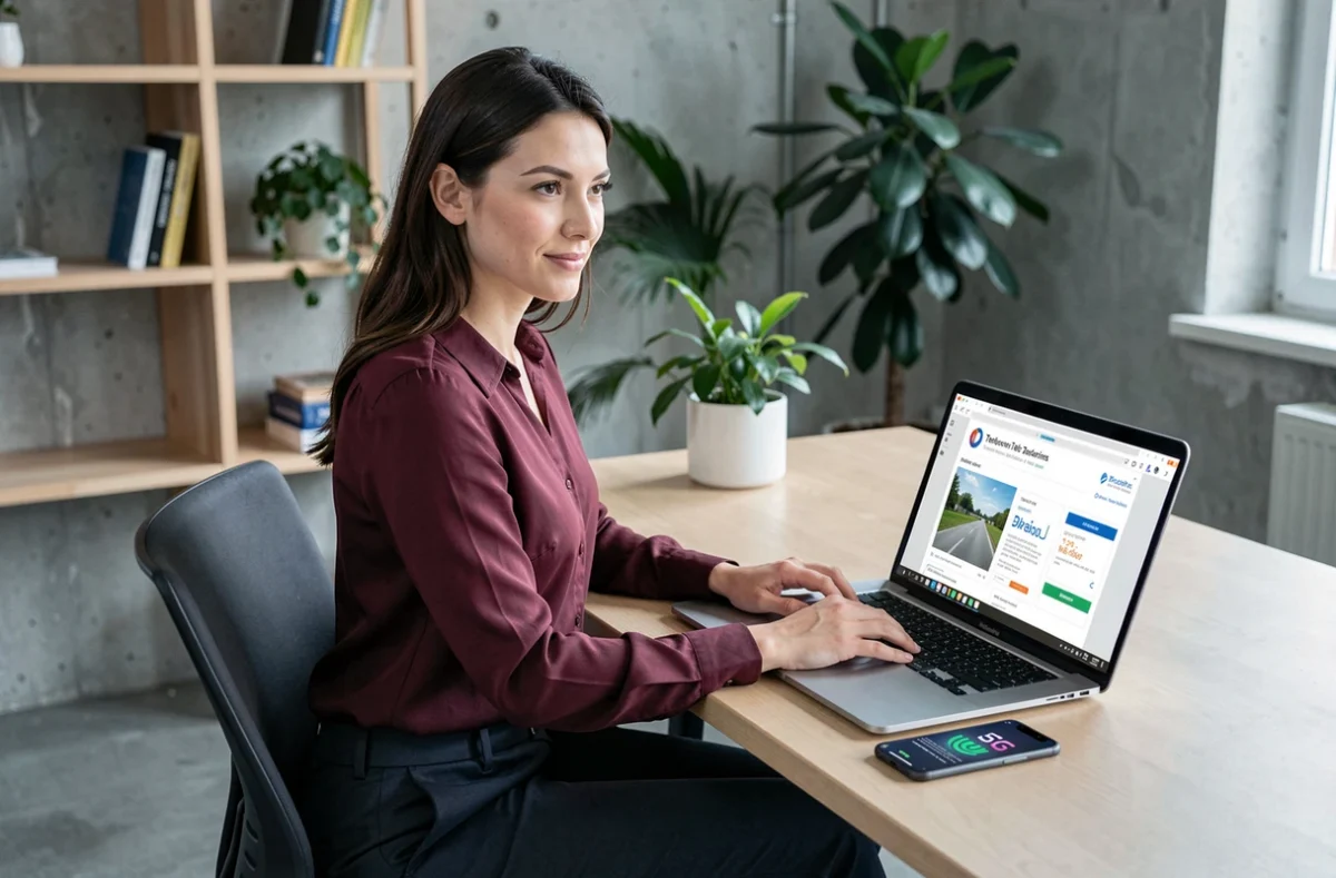 Femme comparant les offres 5G des opérateurs français sur ordinateur dans un espace de coworking