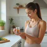 Femme tenant un flacon de compléments alimentaires Nourix dans une cuisine moderne et épurée