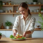 Femme souriante servant un plat sain dans la cuisine