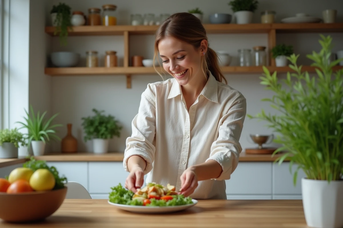 Femme souriante servant un plat sain dans la cuisine