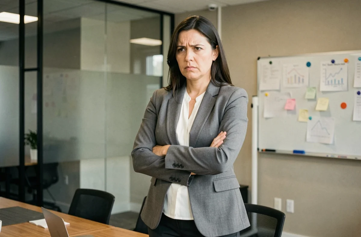 Femme en colère dans un bureau moderne, bras croisés, expression de frustration contenue face à l'injustice au travail