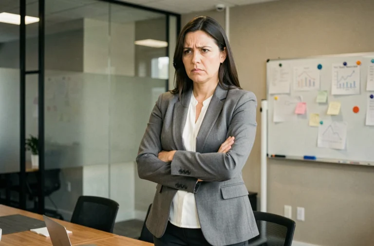 Femme en colère dans un bureau moderne, bras croisés, expression de frustration contenue face à l'injustice au travail