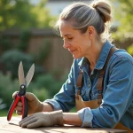 Femme d'âge moyen compare outils de jardinage dans son jardin