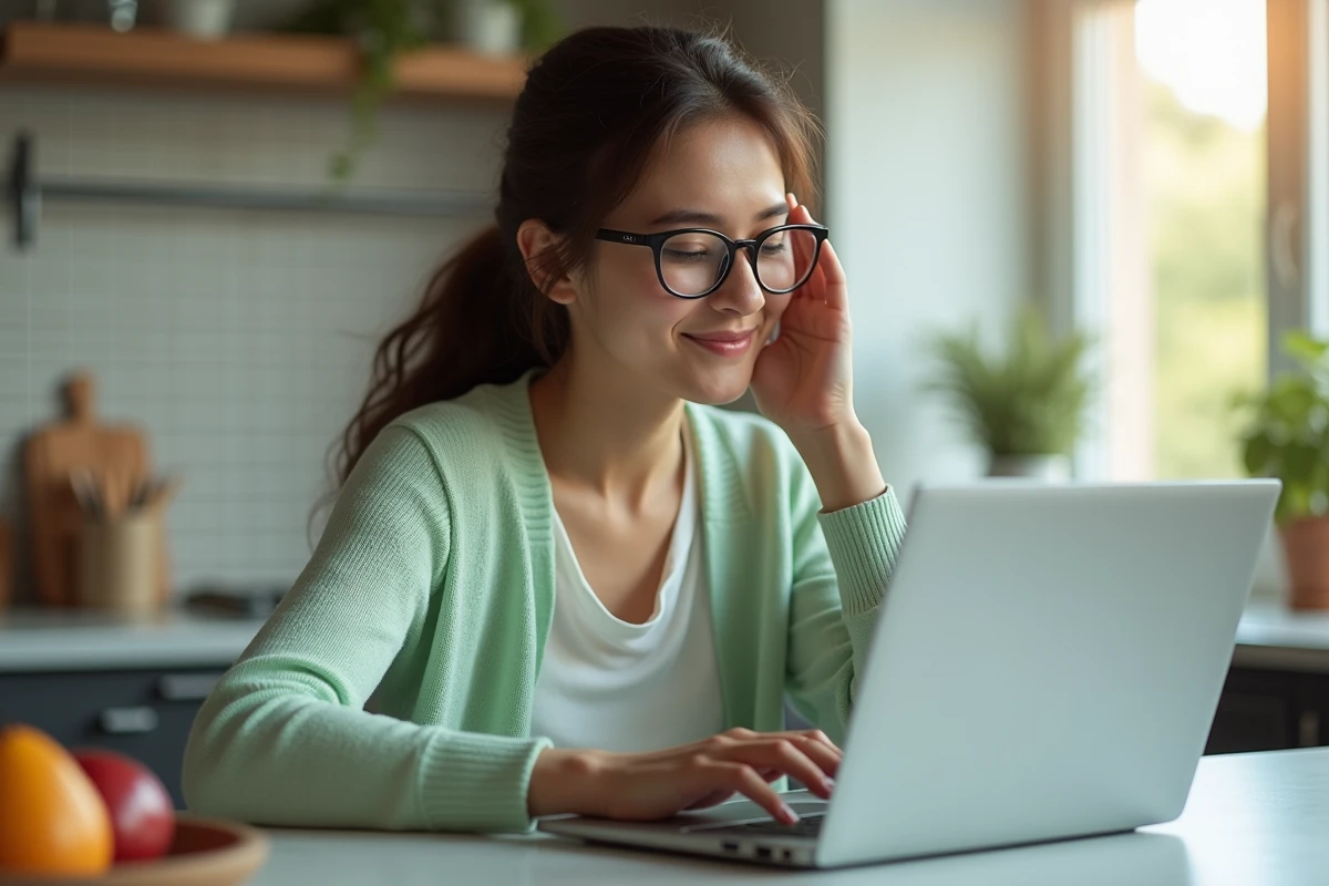 Femme souriante utilisant un ordinateur portable dans la cuisine