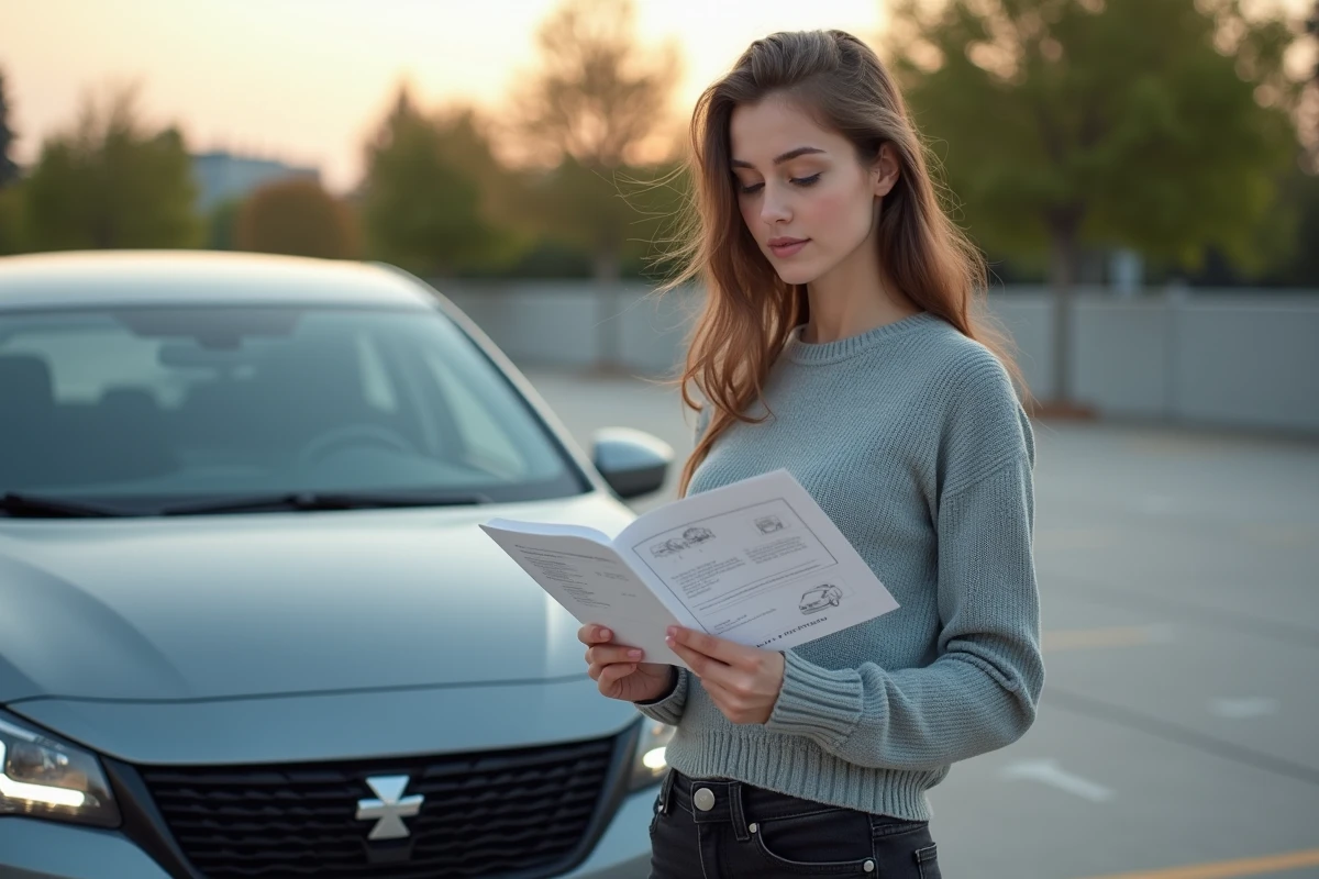 Jeune femme consulte le manuel de la voiture en extérieur