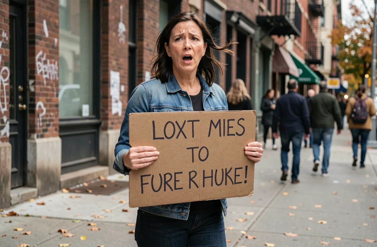 Femme tenant une pancarte dans la rue lors d'une manifestation, expression de colère et de conviction face aux injustices quotidiennes